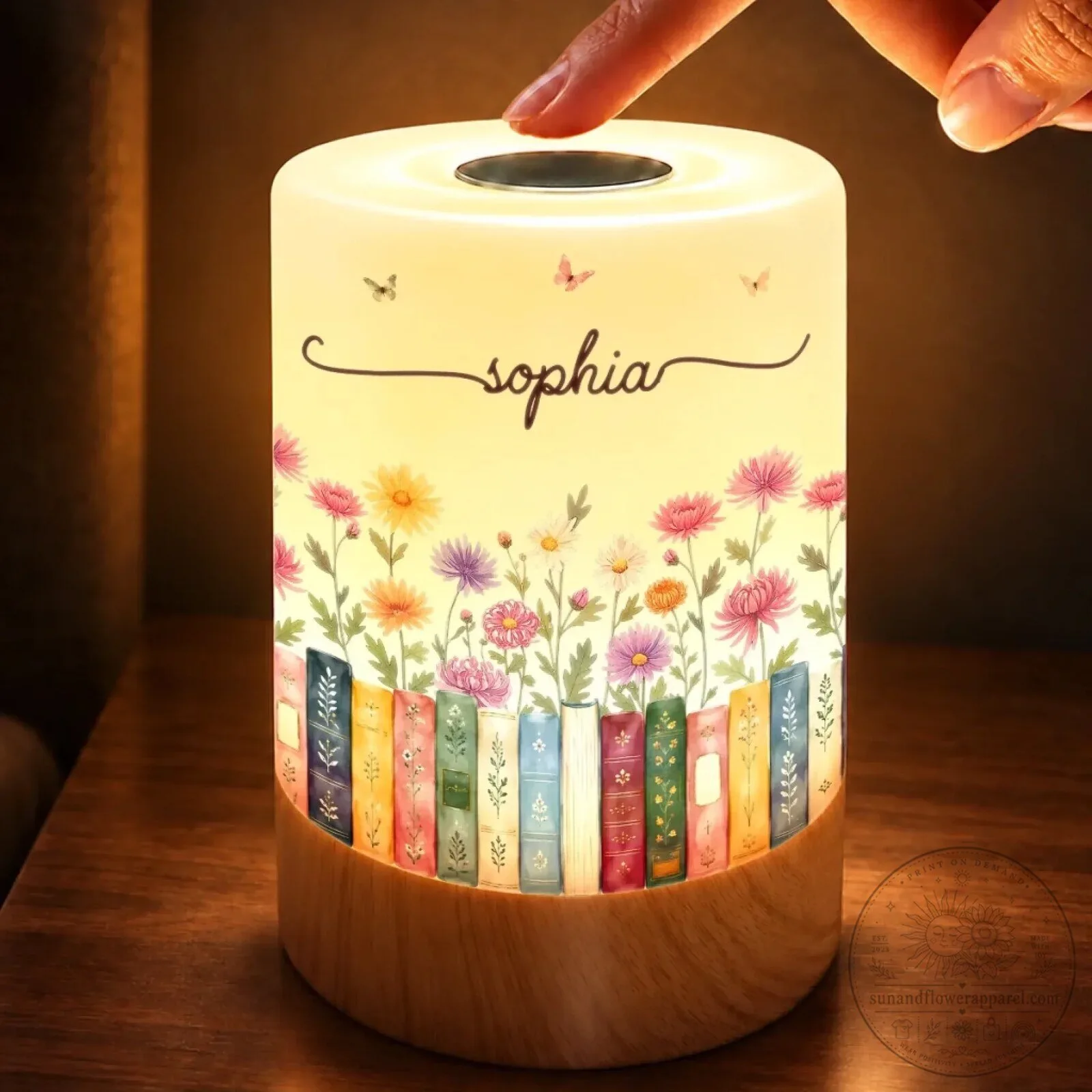 Personalized Floral Bookshelf Night Light for Book Lovers, Custom Name Lamp