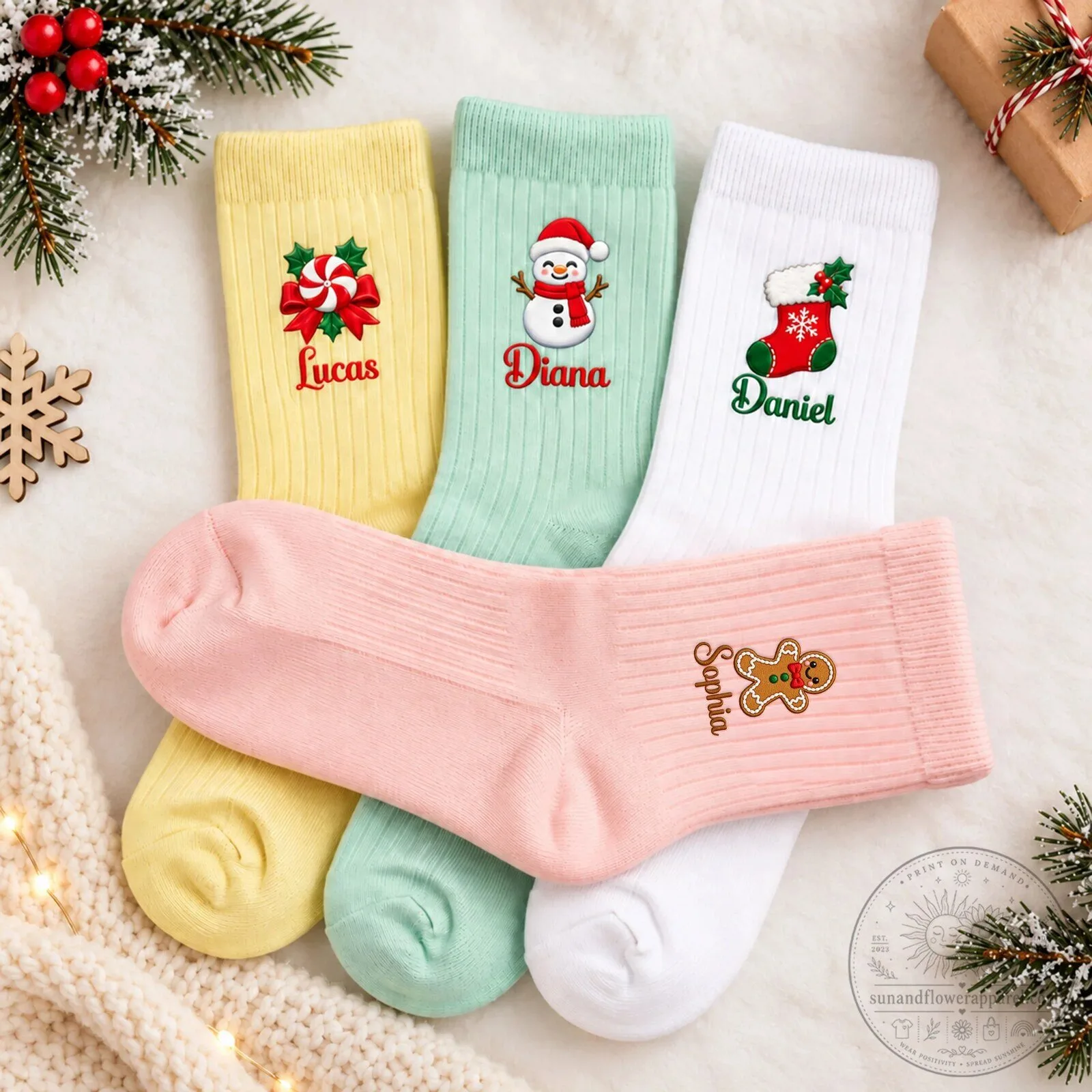 Personalized Christmas Character Embroidered Crew Socks for Holiday Gifts