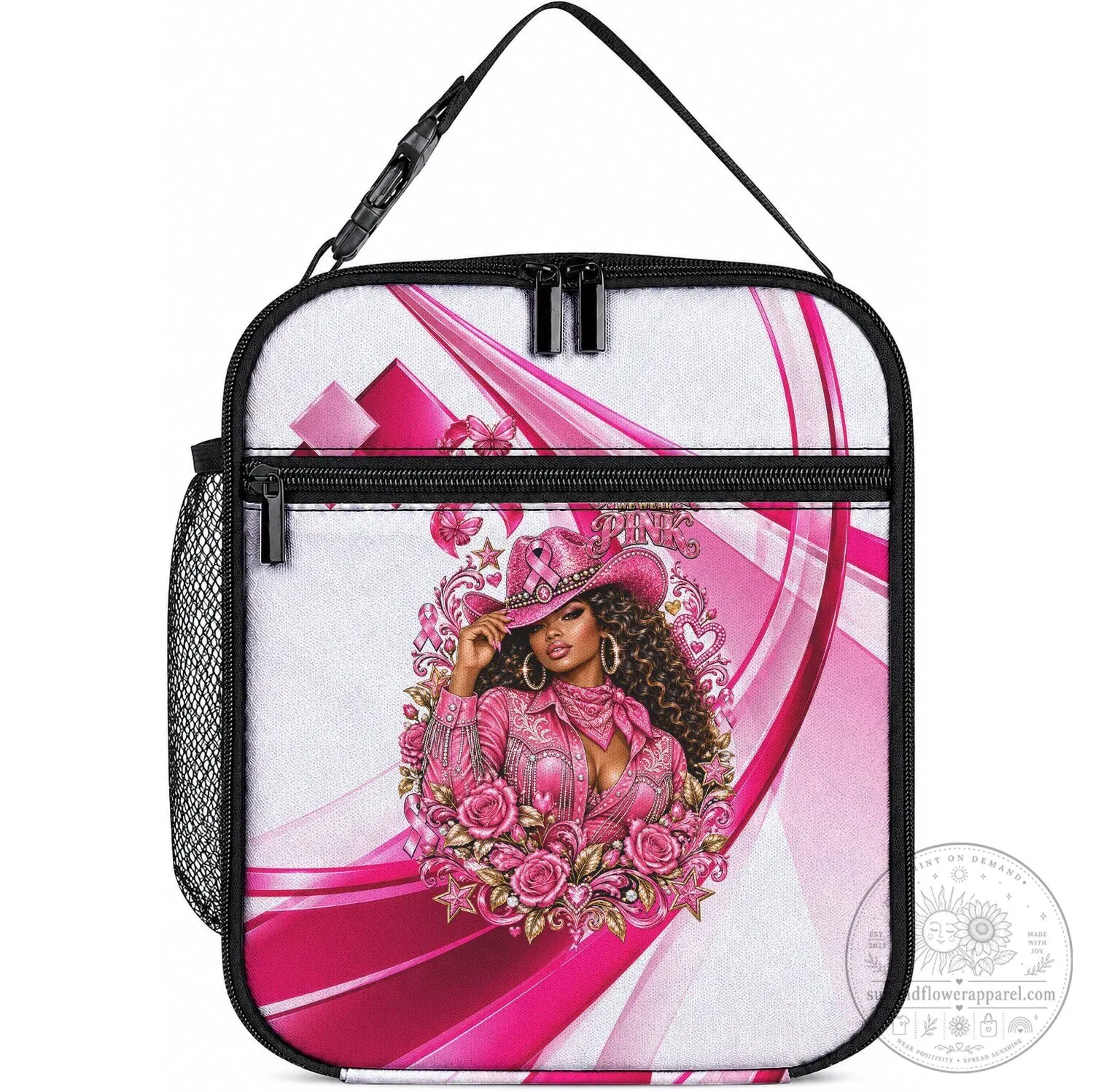 Western Wear Pink Ribbon Cowgirl Breast Cancer Awareness Lunch Bag for Women