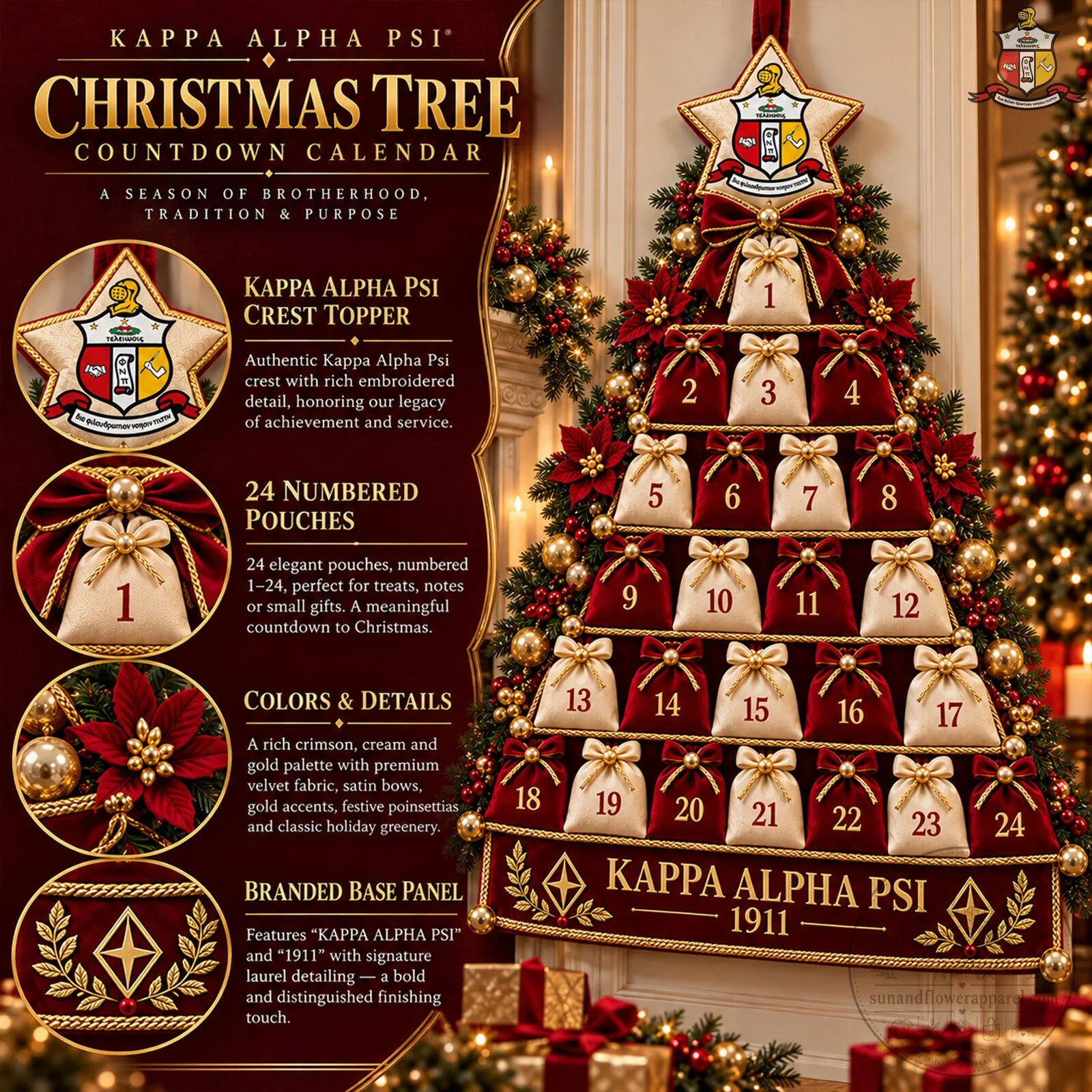 Kappa Alpha Psi Christmas Tree Countdown Calendar with 24 Numbered Pouches