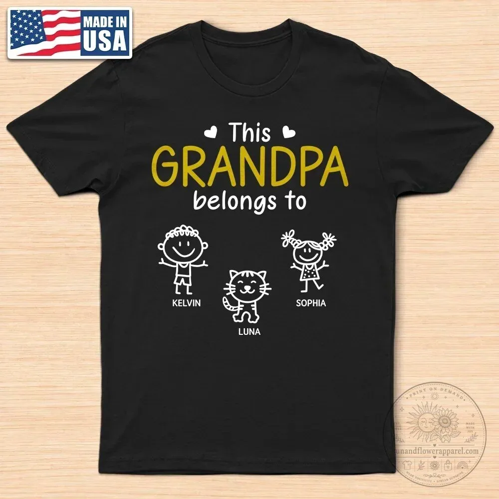 Personalized This Grandpa Belongs To Kid Stick Figures Black T-Shirt