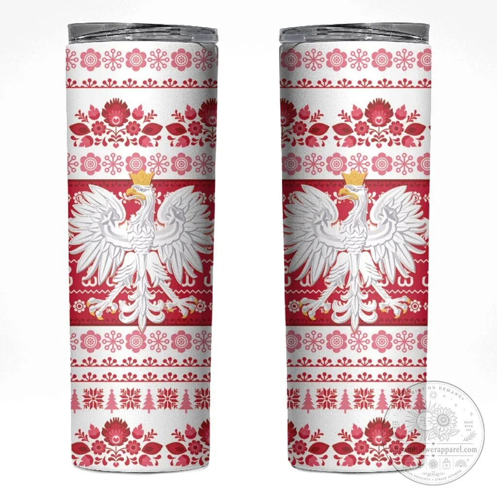 Polish White Eagle Folk Art Pattern Polska Wesolych Swiat Skinny Tumbler