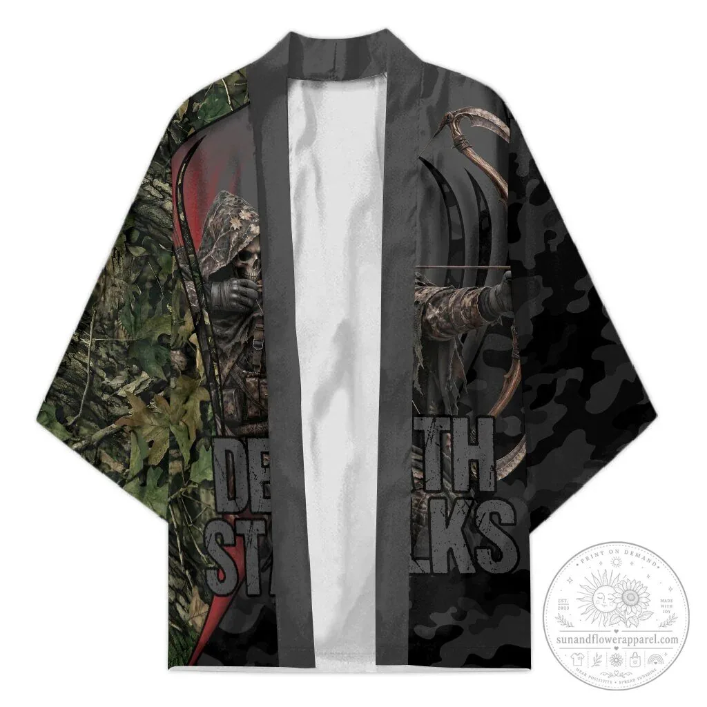 Personalized Death Stalks Bowhunting Deer Skull Kimono Grim Reaper Bow Hunter Camo Crossfire Target Art TS04