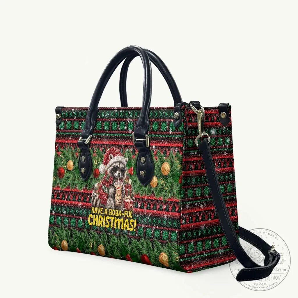 Christmas Raccoon Bubble Tea Holiday Ugly Sweater Pattern Leather Handbag