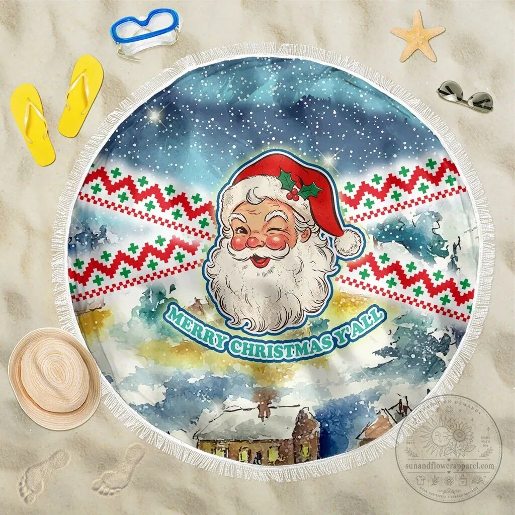 Vintage Winking Santa Claus Merry Christmas Y'all Round Beach Blanket