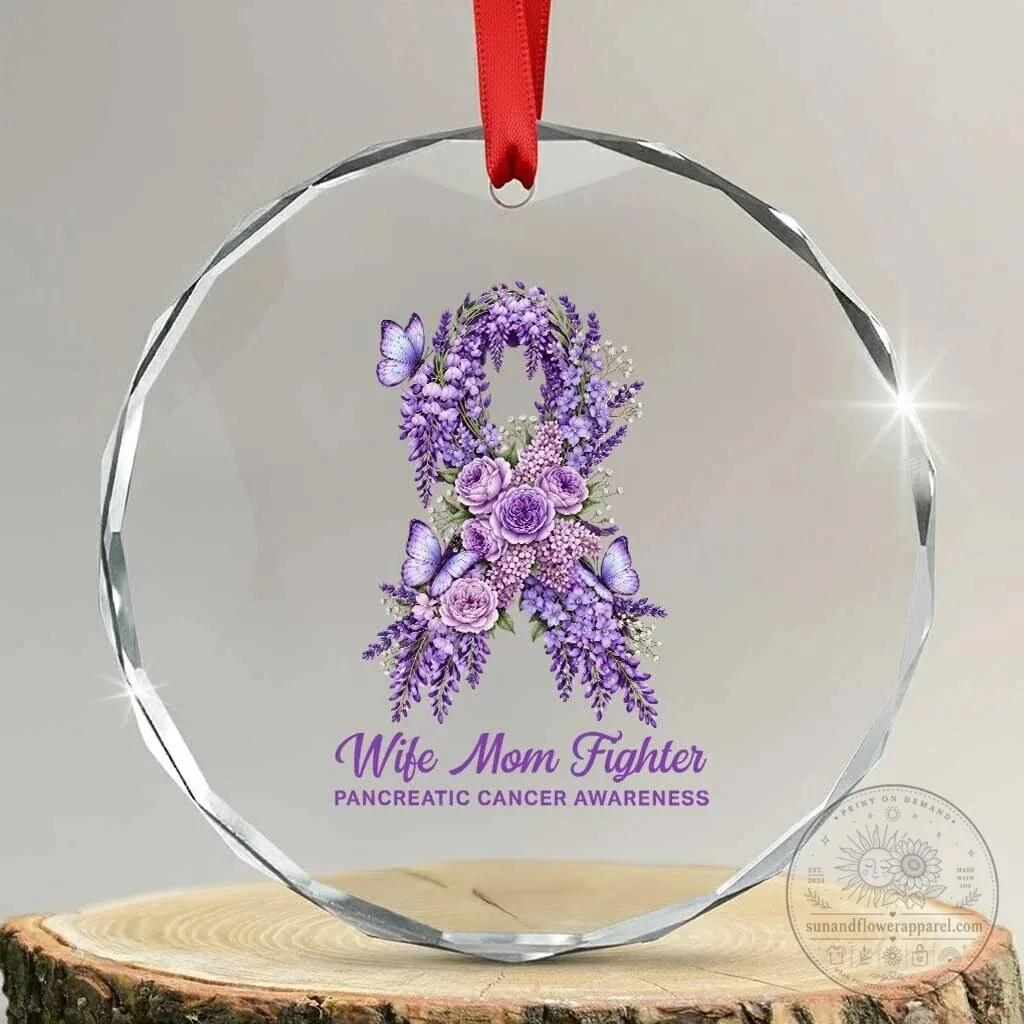 Pancreatic Cancer Awareness Wife Mom Fighter Purple Floral Ribbon Crystal Glass Ornament