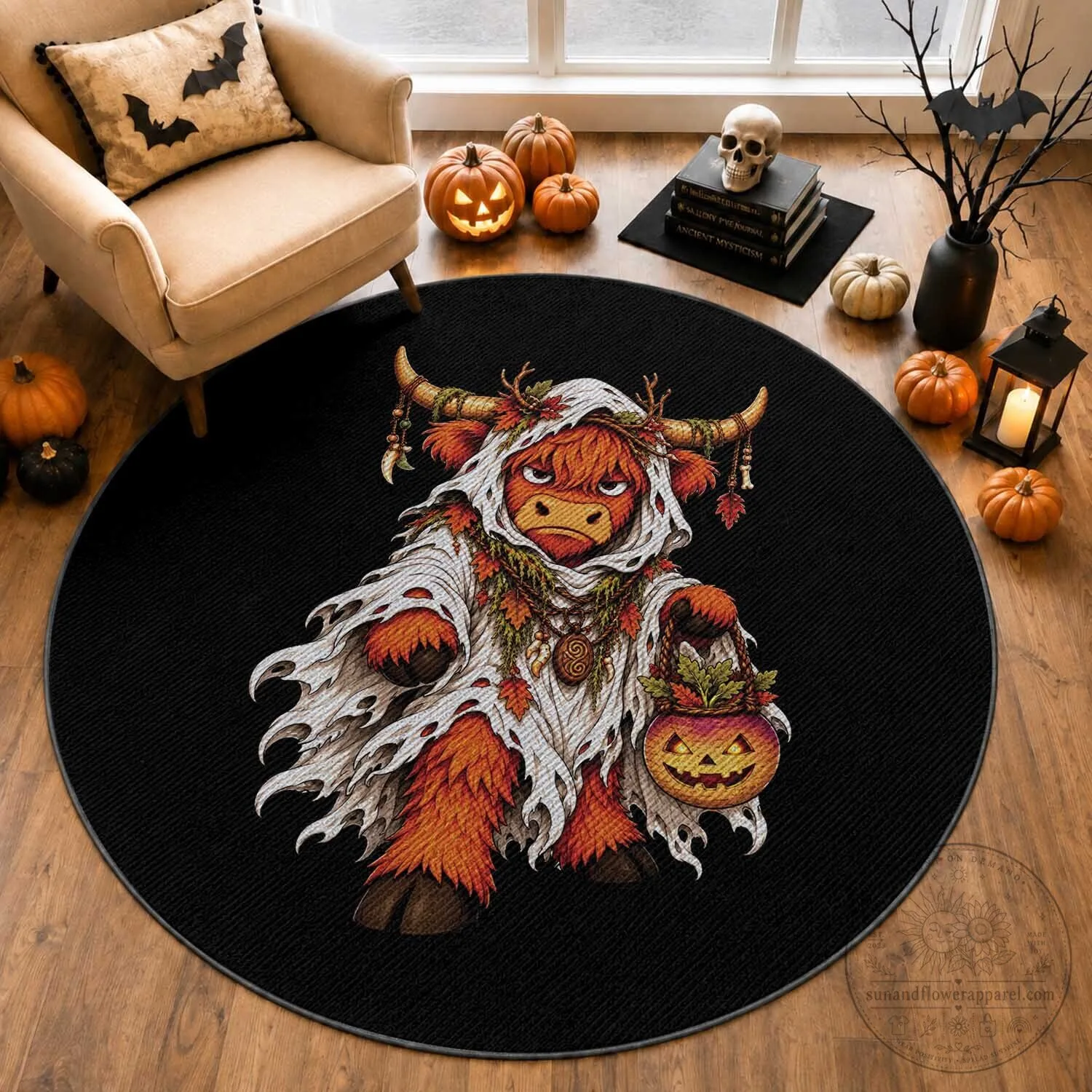 Halloween Highland Cow Ghost Costume Holding Turnip Lantern Round Rug