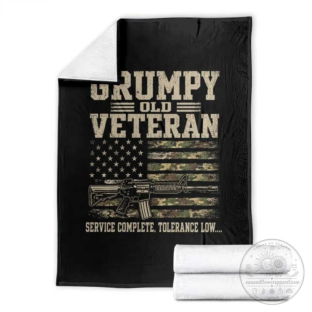 Grumpy Old Veteran Service Complete Tolerance Low Military Camouflage Flag Blanket