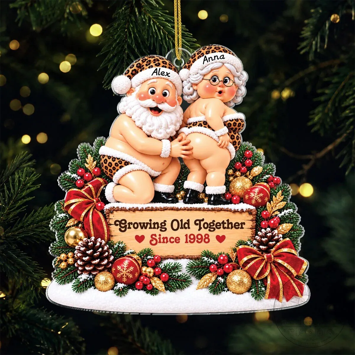 Growing Old Together Leopard Santa Couple Christmas Tree Ornament