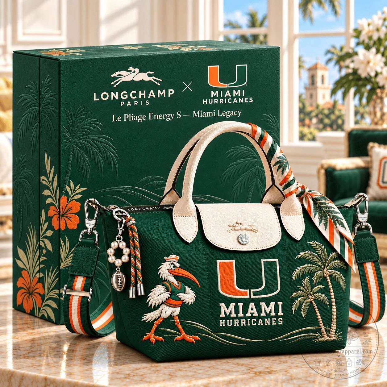 Miami Hurricanes Longchamp Le Pliage Energy S Handbag with Scarf