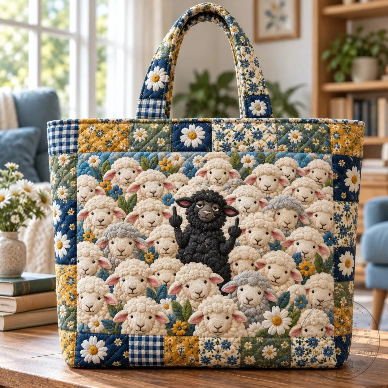 Black Sheep Flipping Off Funny Quilted Tote Bag 6 Black Sheep Flipping Off Funny Quilted Tote Bag