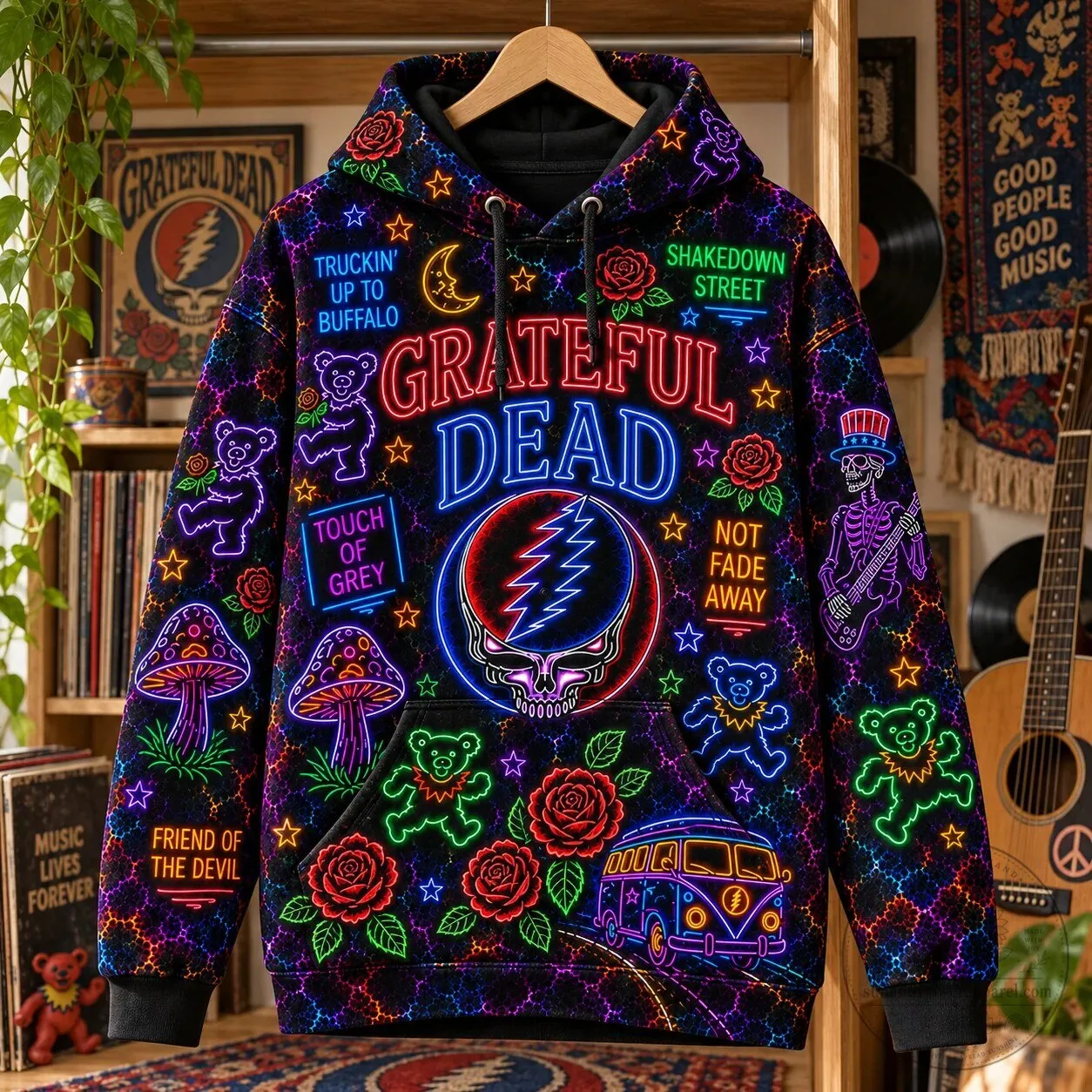 Grateful Dead Neon Psychedelic Rock Band Steal Your Face Dancing Bears Hoodie