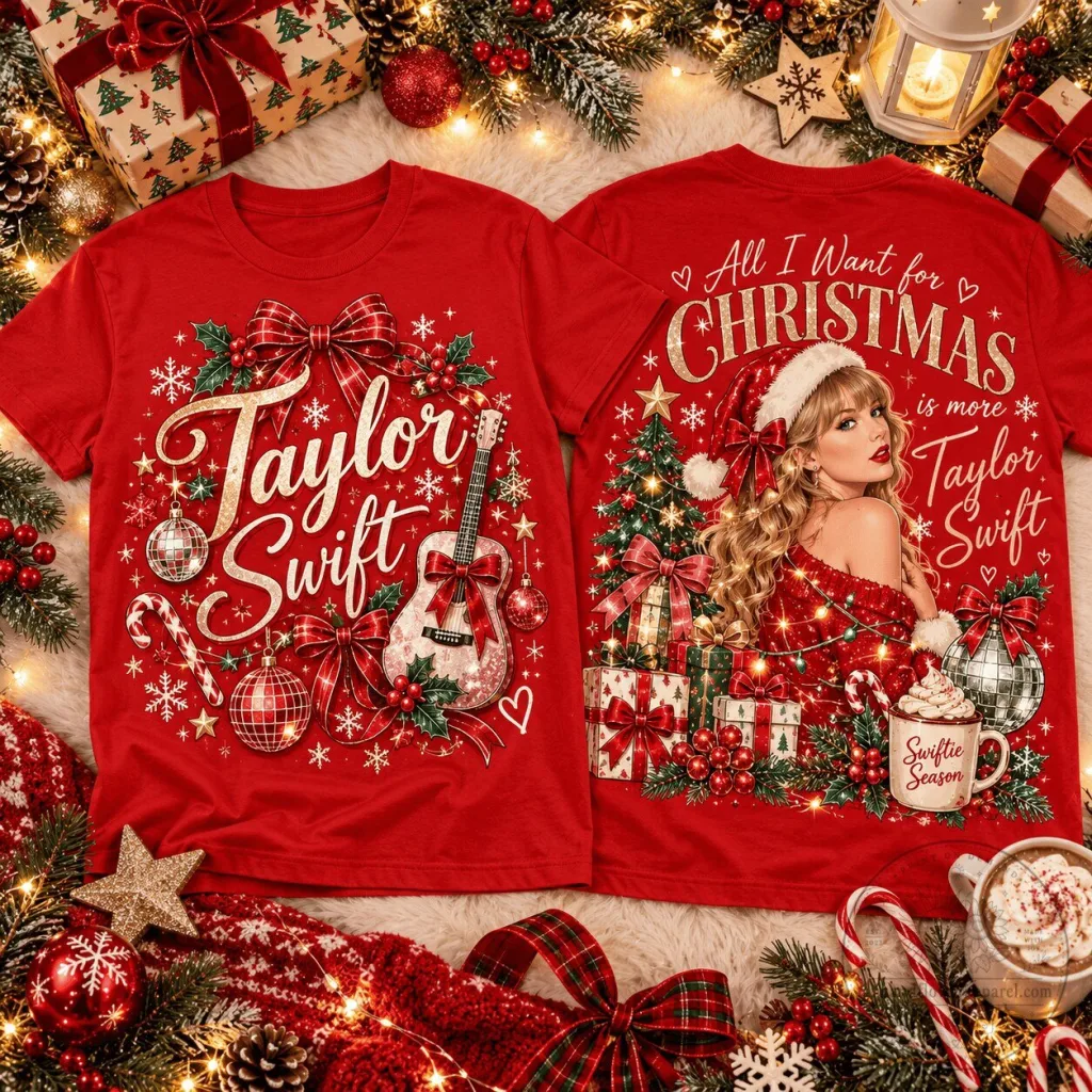 Taylor Swift Christmas Holiday Guitar and Presents Red T-Shirt Taylor Swift Christmas Holiday Guitar and Presents Red T-Shirt