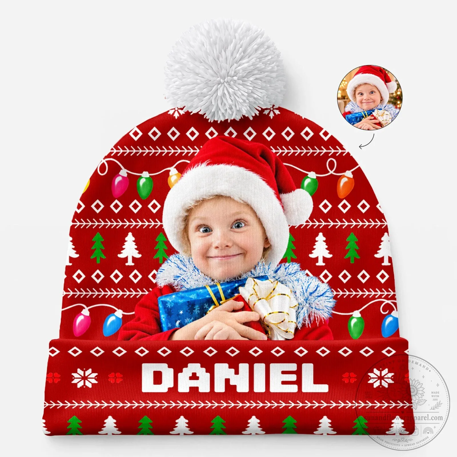 Personalized Christmas Photo Beanie Hat with Pom Pom for Kids