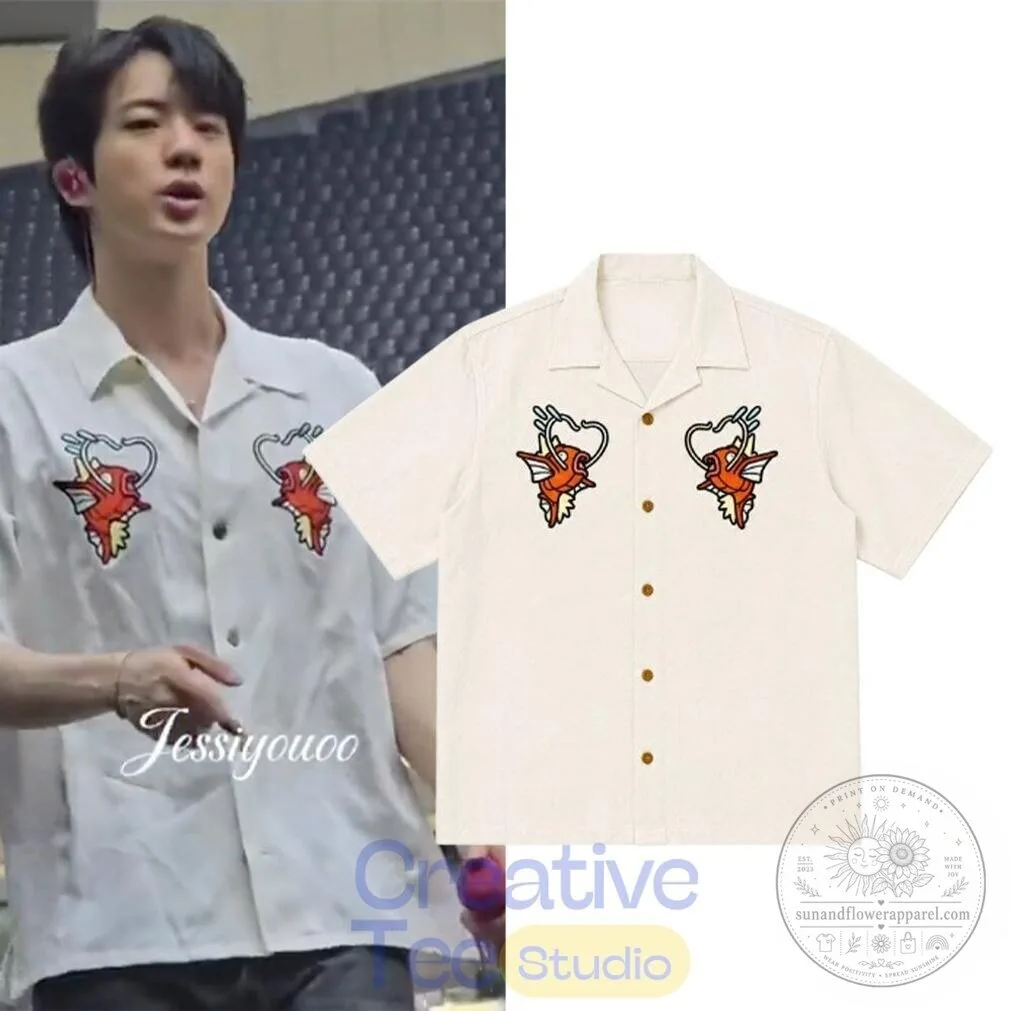 BTS Jin Pokemon Magikarp Embroidered Heart Graphic Short Sleeve Hawaiian Shirt