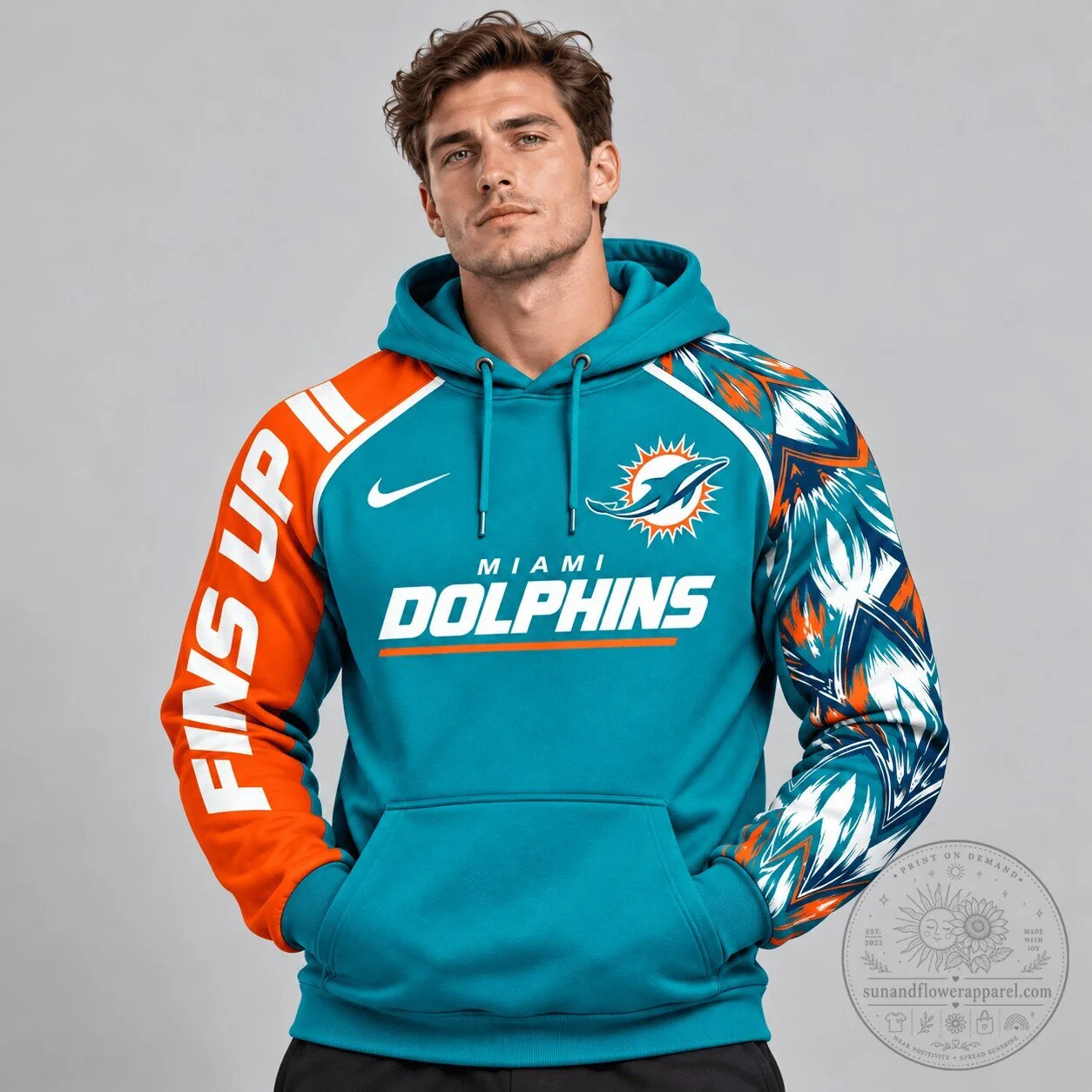 Dynamic Brushstroke Graphic Pullover Hoodie - Miami Dolphins Fins Up Design