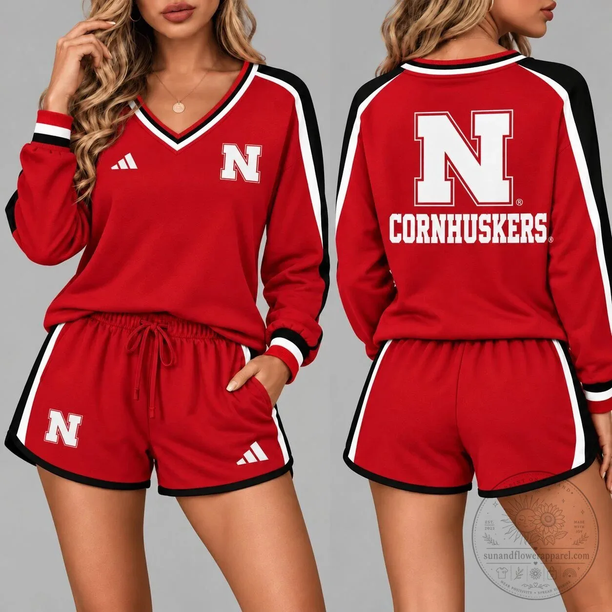 Nebraska Cornhuskers Women's Red Long Sleeve Shirt and Shorts Set 3 Nebraska Cornhuskers Women