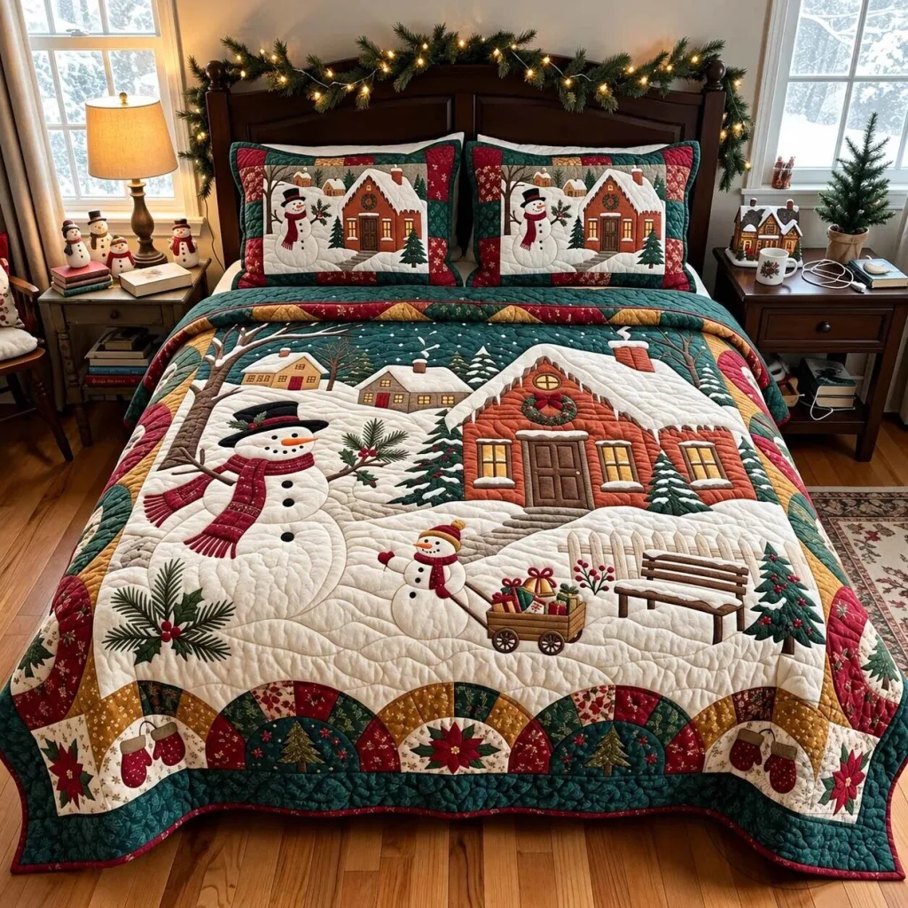 Christmas Snowman Winter Cottage Scene Quilted Bedding Set Christmas Snowman Winter Cottage Scene Quilted Bedding Set