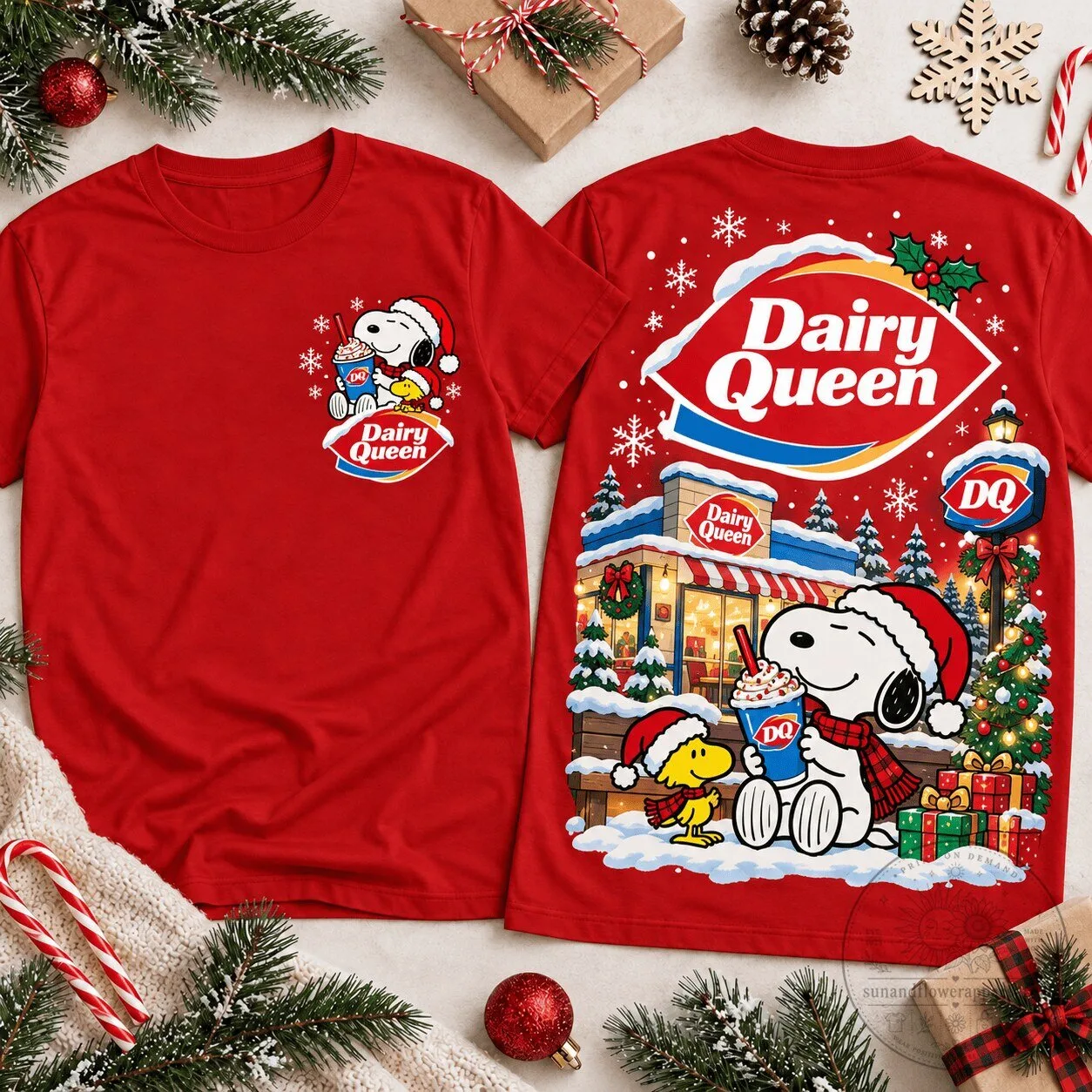 Red T-Shirt Featuring Christmas Scene with Snoopy, Woodstock, and Dairy Queen