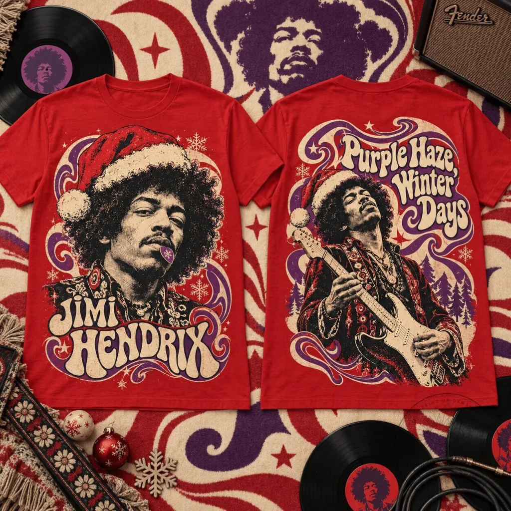 Jimi Hendrix Purple Haze Winter Days Christmas Santa Hat T-Shirt for Rock Music Fans Jimi Hendrix Purple Haze Winter Days Christmas Santa Hat T-Shirt for Rock Music Fans