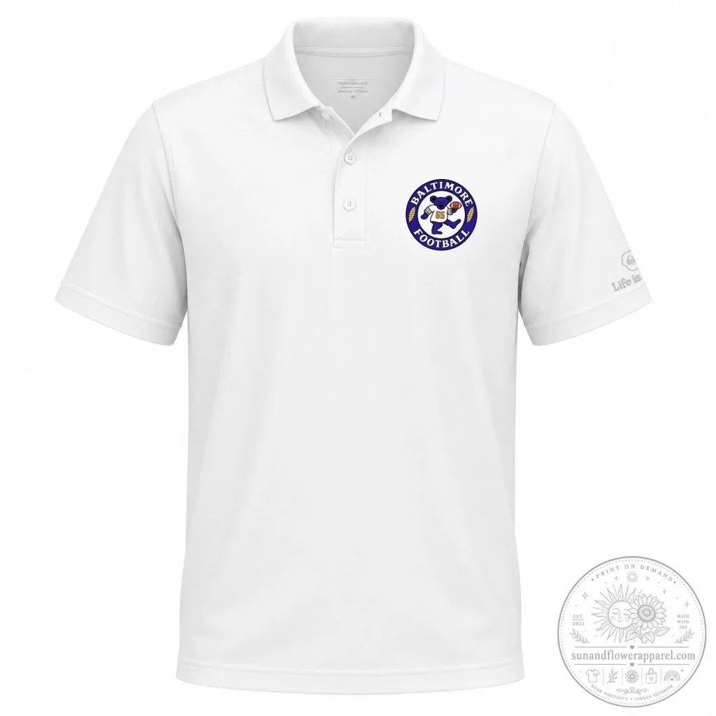 Baltimore Ravens Football Dancing Bear White Performance Polo Shirt Baltimore Ravens Football Dancing Bear White Performance Polo Shirt